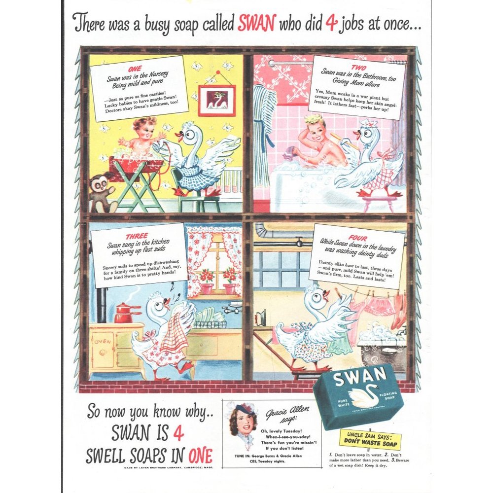 1944 Swan Soap Vintage Print Ad Gracie Allen Baby Bath Laundry Cartoon Wall Art
